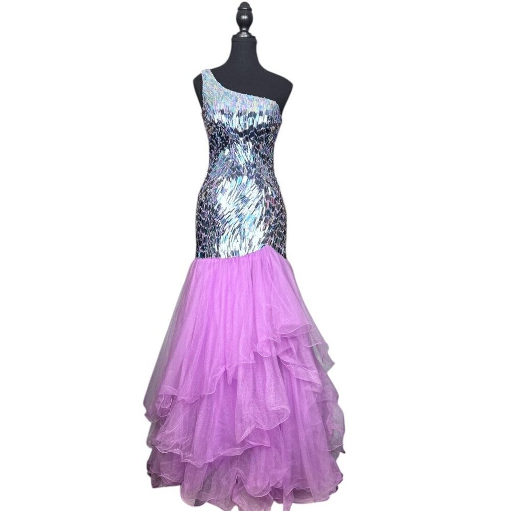 NWT Sherri Hill One-Shoulder Prom Dress Lavender Tulle Mermaid Gown